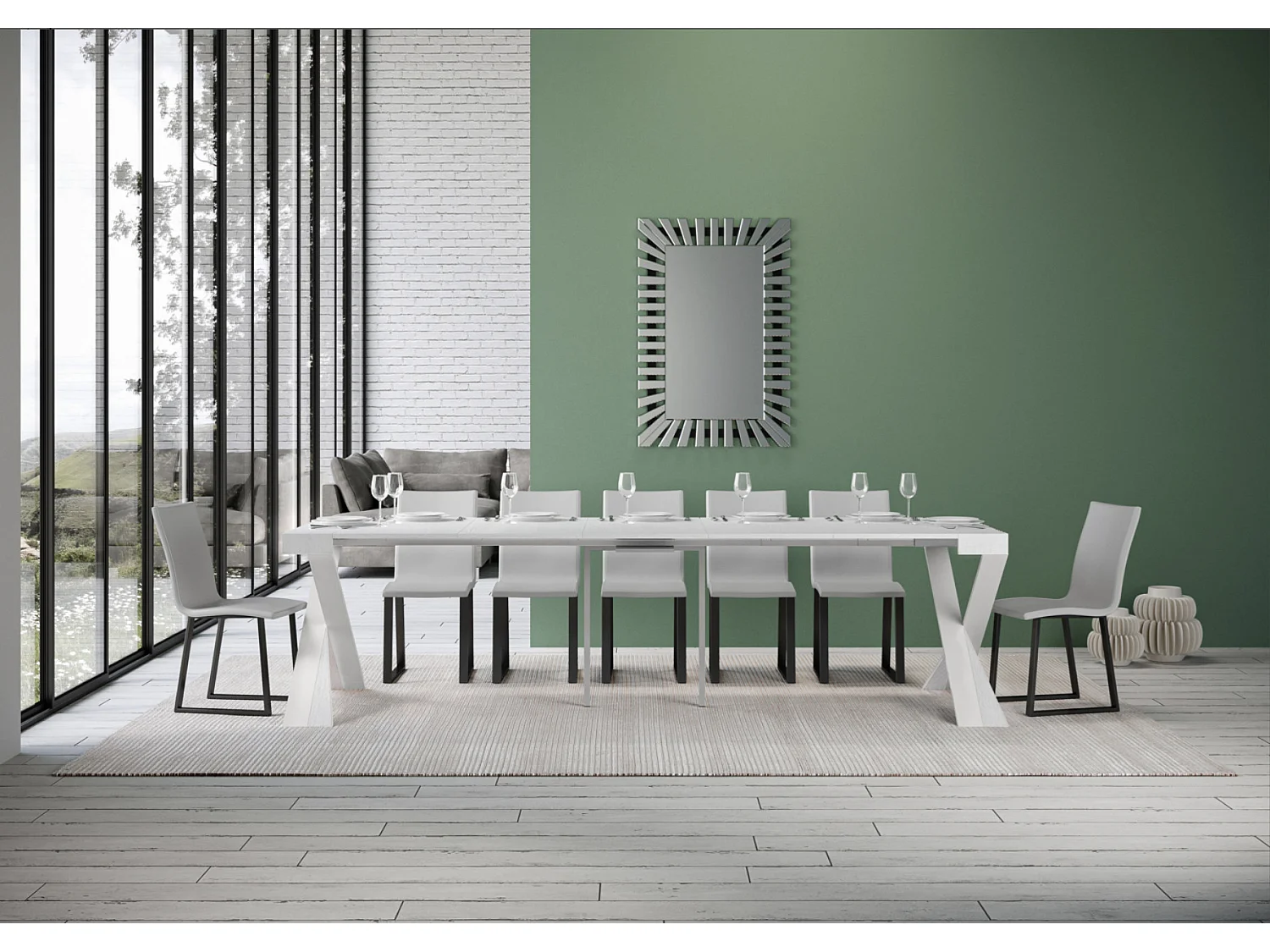 Consola extensible de diseño en madera Diago 90x40/196 o 90x40/300-Color Blanco-Base y soporte con ruedas-5 alargaderas finas