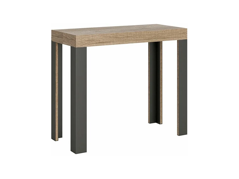 Consola extensible de madera con 4 patas de madera y acero antracita Liva-Color Natural-Soporte 4 pies-Alargaderas 3 extensiones