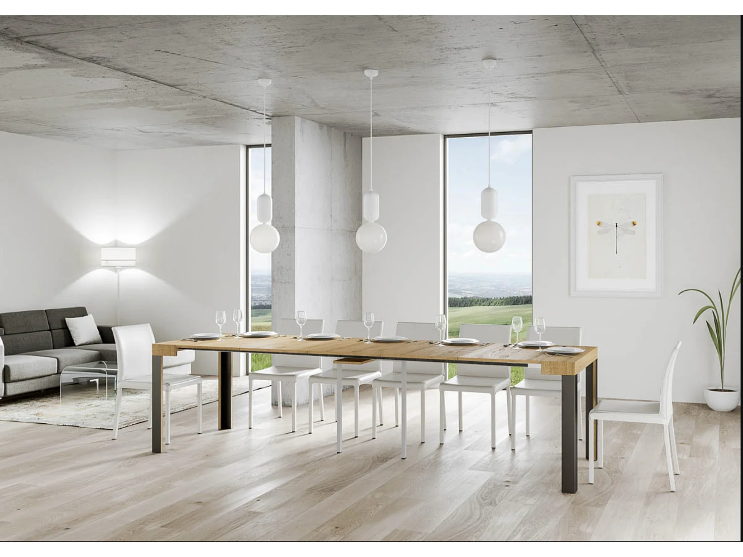 Console extensible bois avec 4 pieds bois et acier anthracite Liva-Couleur Naturel-4 pieds-3 rallonges