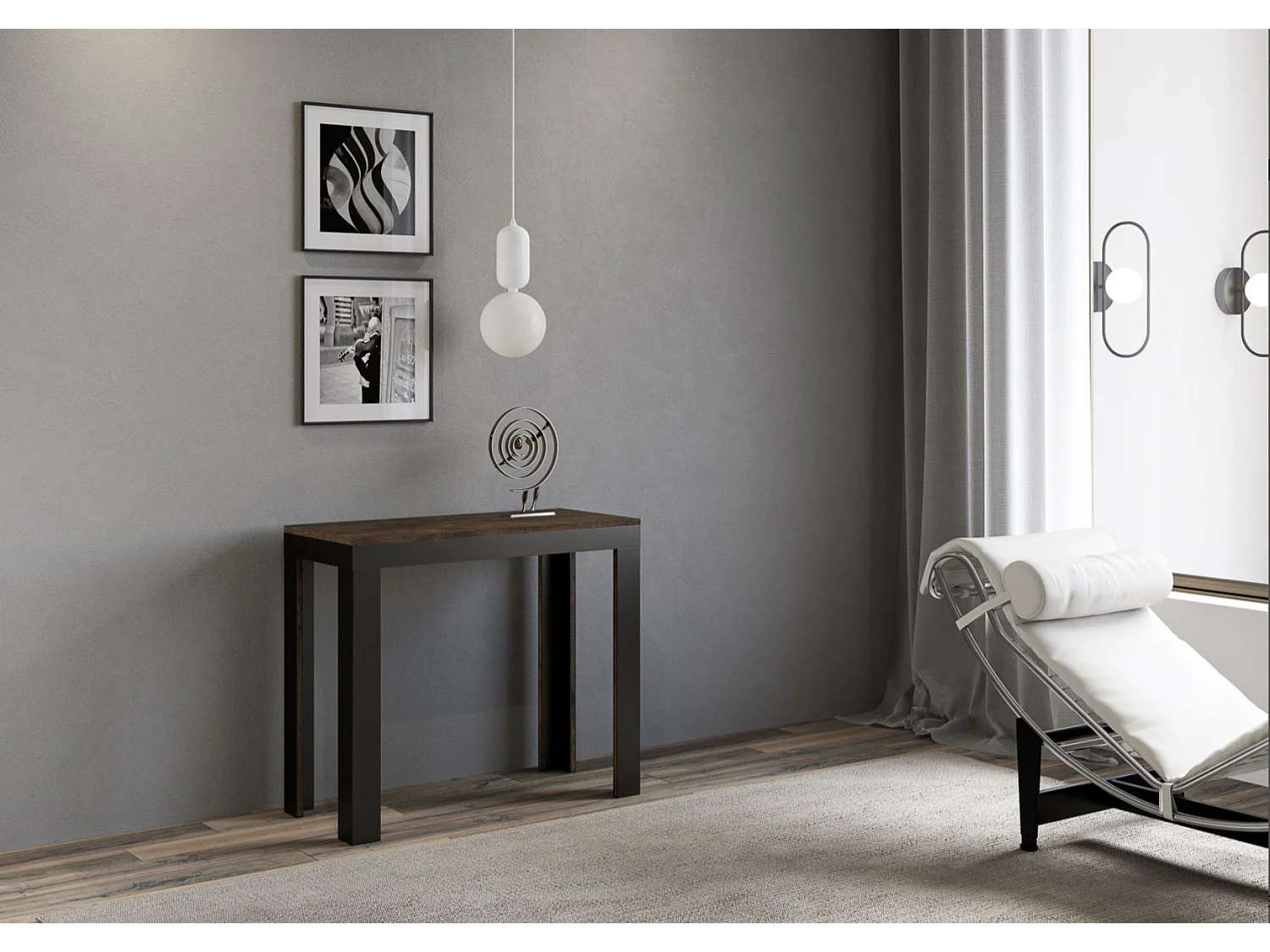 Uitschuifbare houten console met 4 houten en antraciet stalen poten Liva evolution-Kleur Bruin-Voet en steun op zwenkwielen-Verlengsnoeren 3 uitbreidingen