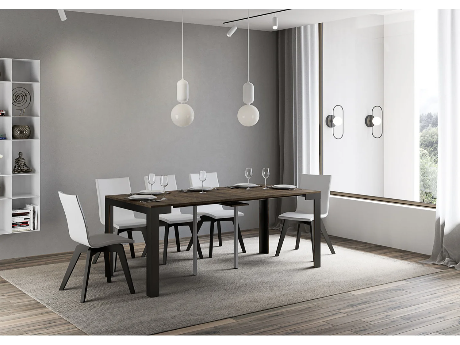 Uitschuifbare houten console met 4 houten en antraciet stalen poten Liva evolution-Kleur Bruin-Voet en steun op zwenkwielen-Verlengsnoeren 3 uitbreidingen