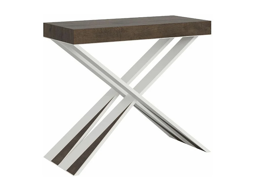 Console extensible bois pieds croisés blanc Diago-Couleur Marron-Sur roulettes-3 rallonges fines