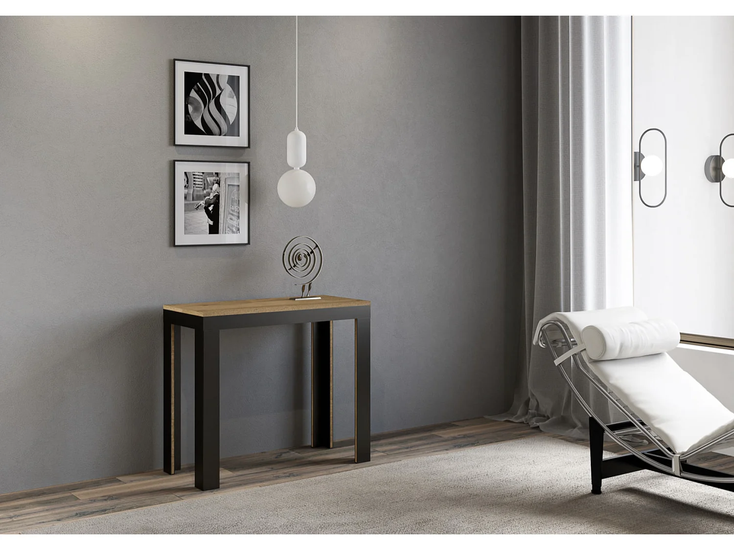 Uitschuifbare houten console met 4 houten en antraciet stalen poten Liva evolution-Kleur Natuurlijk-Steun 4 voet-Verlengsnoeren 3 uitbreidingen