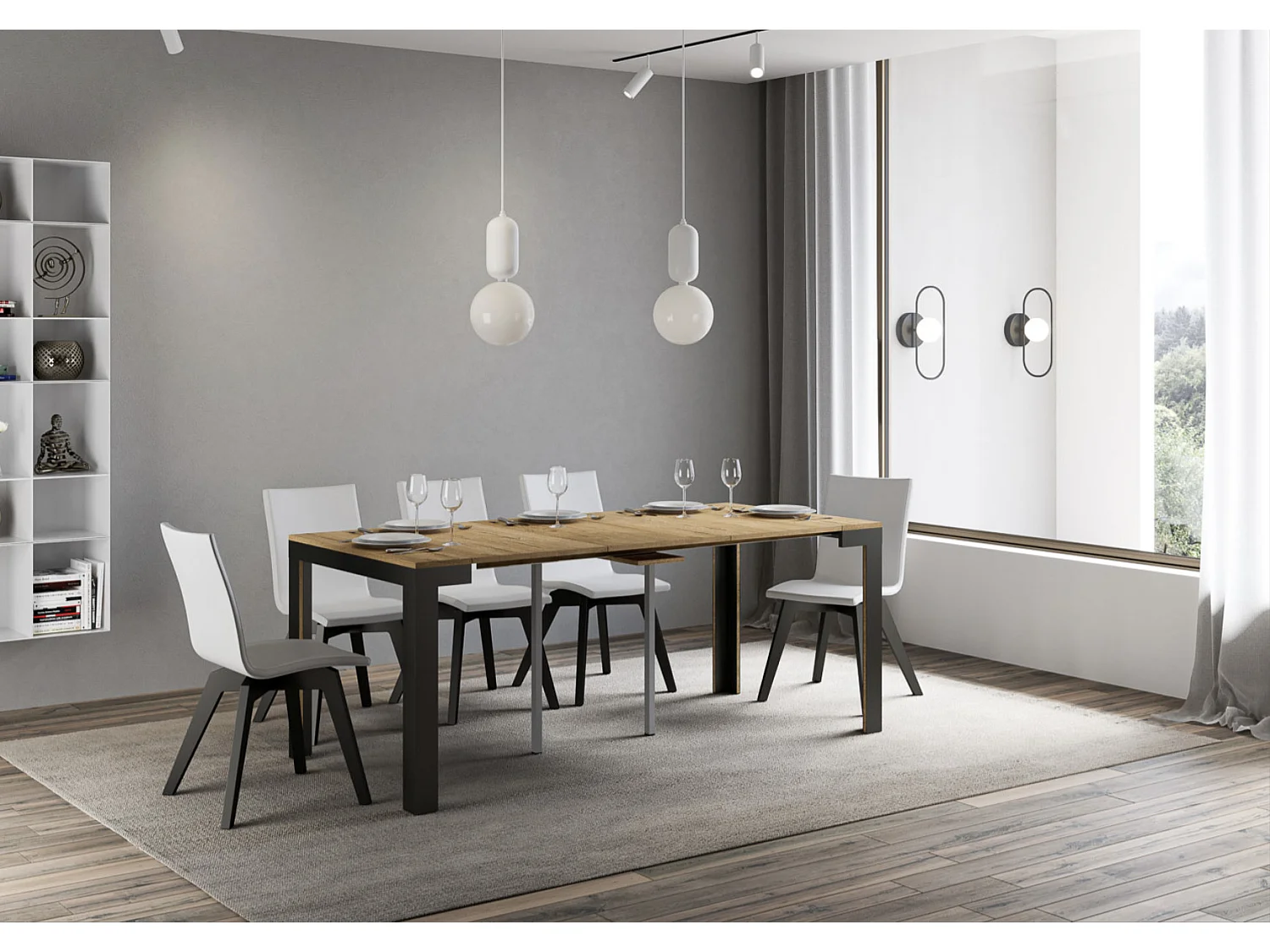 Uitschuifbare houten console met 4 houten en antraciet stalen poten Liva evolution-Kleur Natuurlijk-Steun 4 voet-Verlengsnoeren 3 uitbreidingen