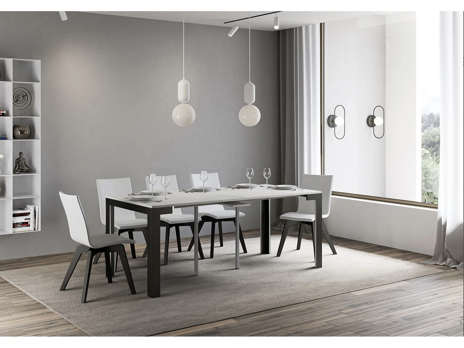 Console extensible bois pieds bois et acier anthracite Liva evolution-Couleur Blanc-Sur roulettes-5 rallonges