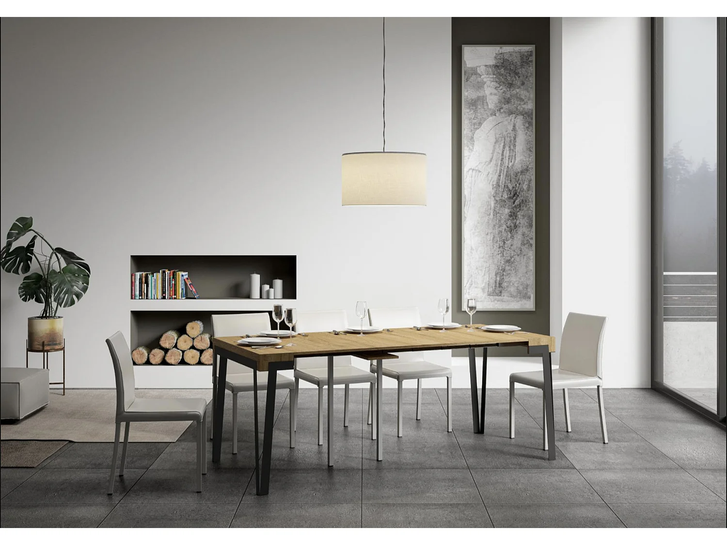 Console extensible design bois et acier anthracite Konta-Couleur Naturel-Sur roulettes-3 rallonges fines
