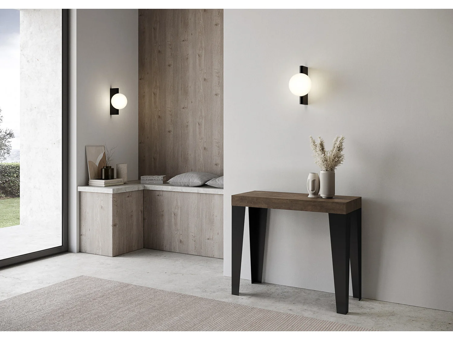 Console extensible design bois et acier mat Flavio-Couleur Marron-2 pieds-3 rallonges épaisses