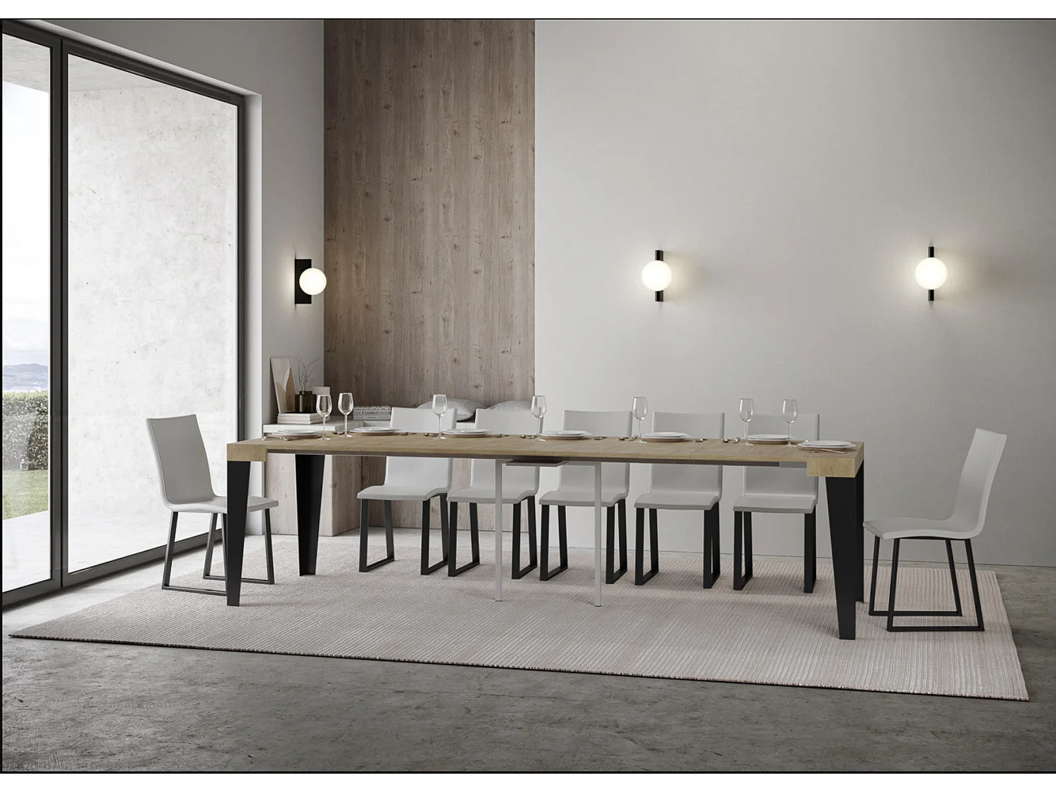 Console extensible design bois et acier mat Flavio-Couleur Naturel-4 pieds-5 rallonges fines