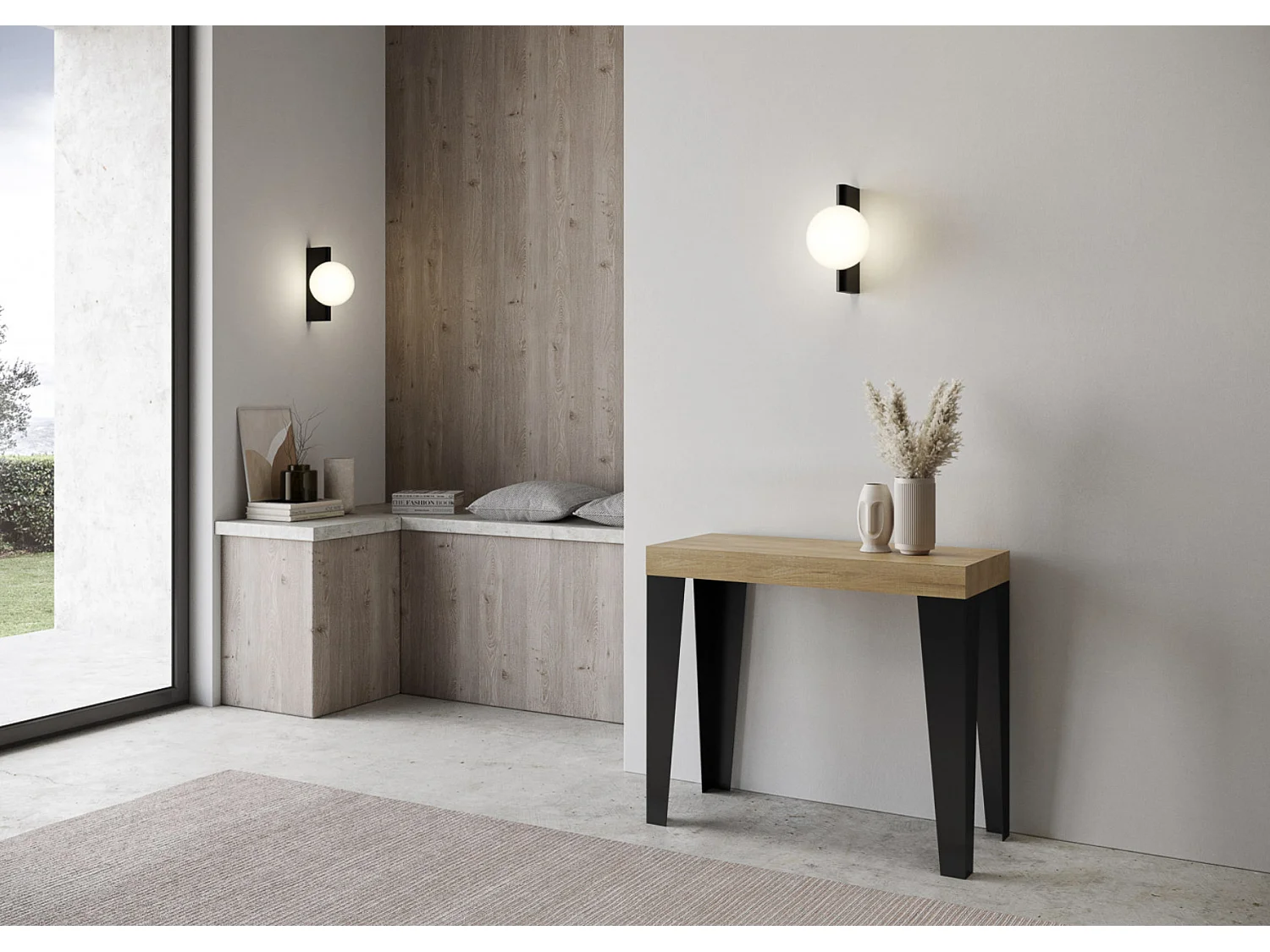 Console extensible design bois et acier mat Flavio-Couleur Naturel-4 pieds-3 rallonges épaisses