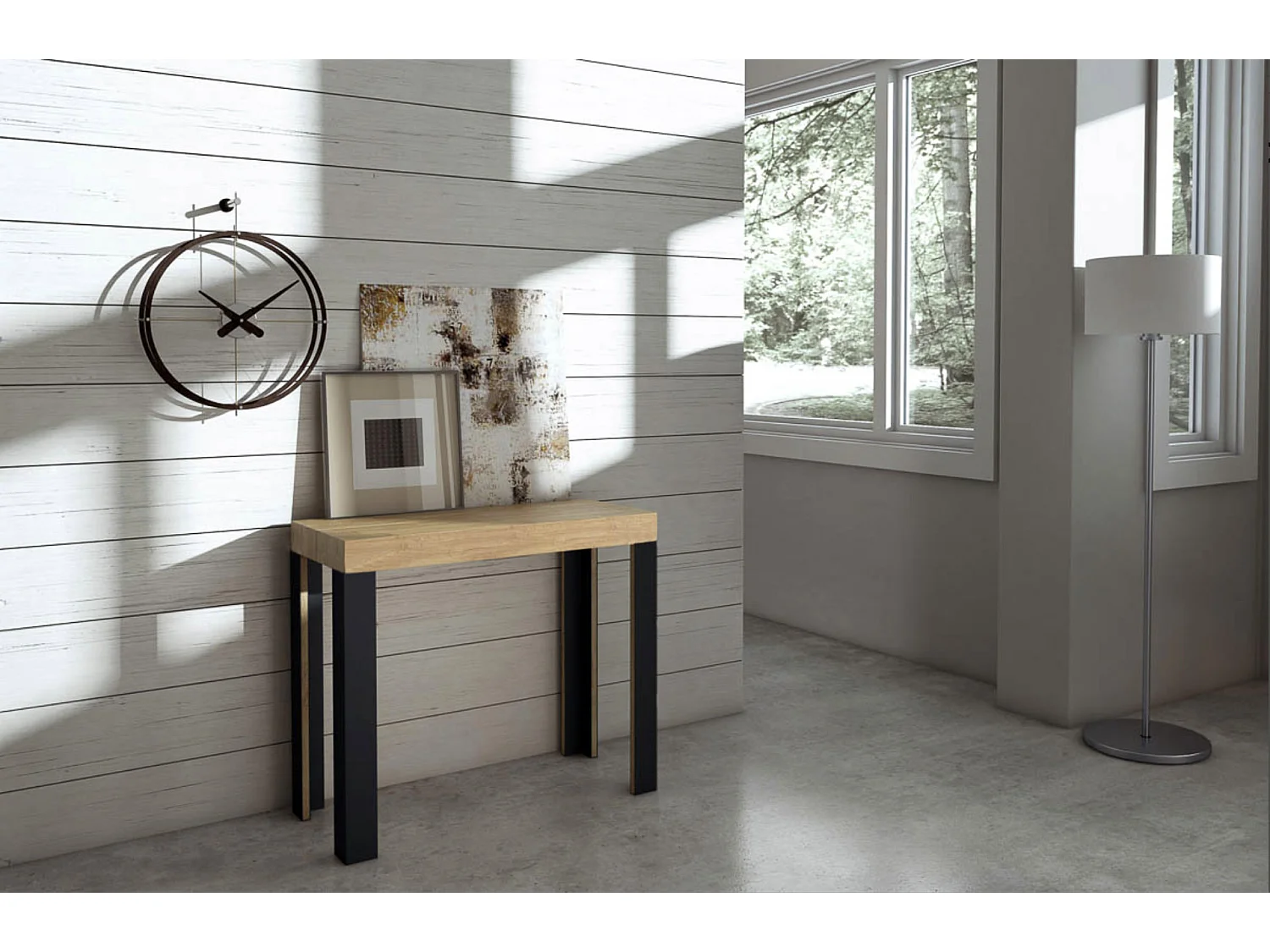 Console extensible bois avec 4 pieds bois et acier anthracite Liva-Couleur Naturel-Sur roulettes-3 rallonges