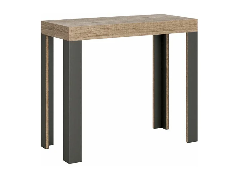 Console extensible bois avec 4 pieds bois et acier anthracite Liva-Couleur Naturel-Sur roulettes-3 rallonges