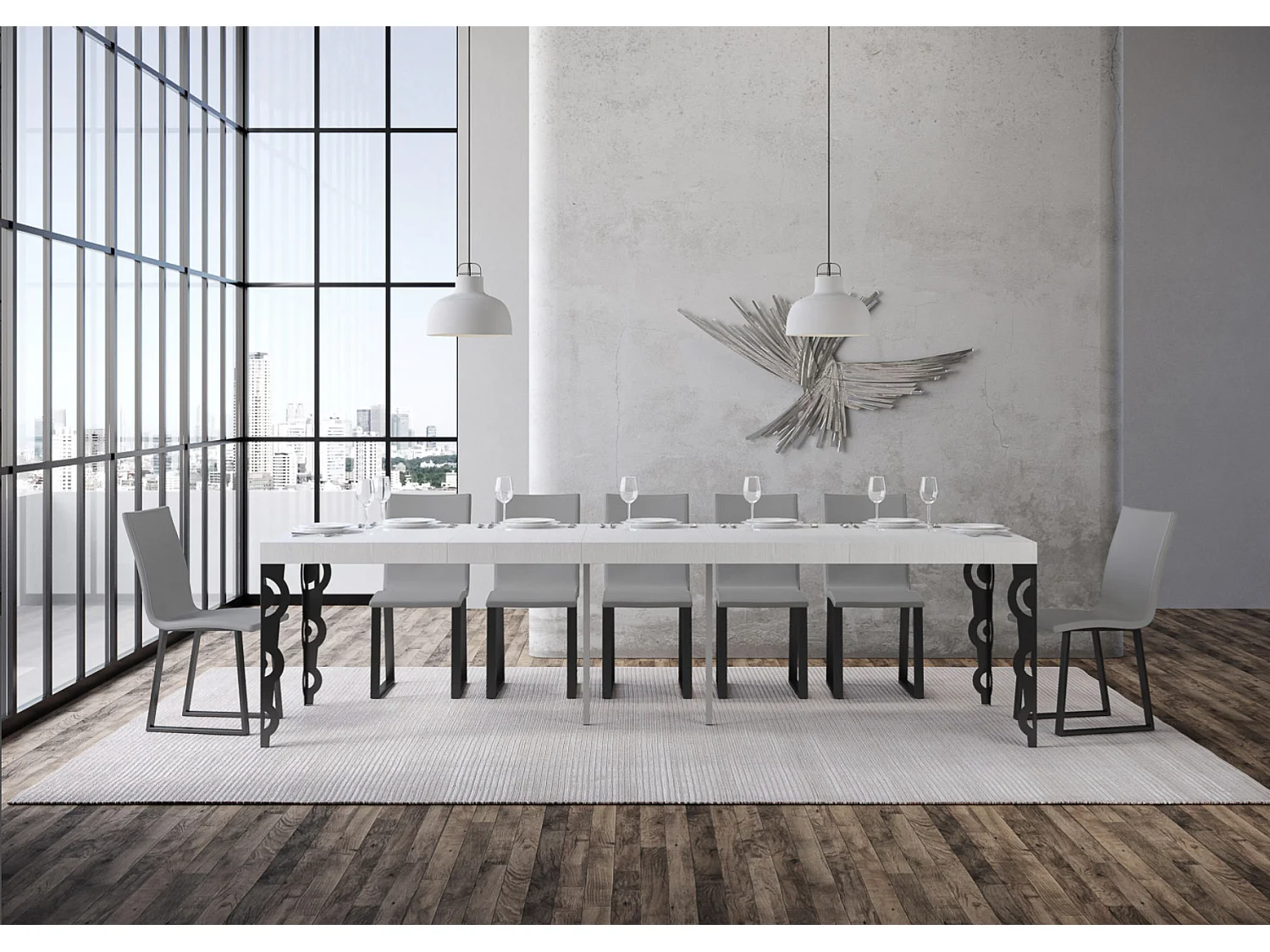 Kazay uitschuifbare console in oosterse stijl 90x40/196 of 90x40/300 cm-Kleur Wit-Steun 4 voet-Verlengsnoeren 5 dikke extensies