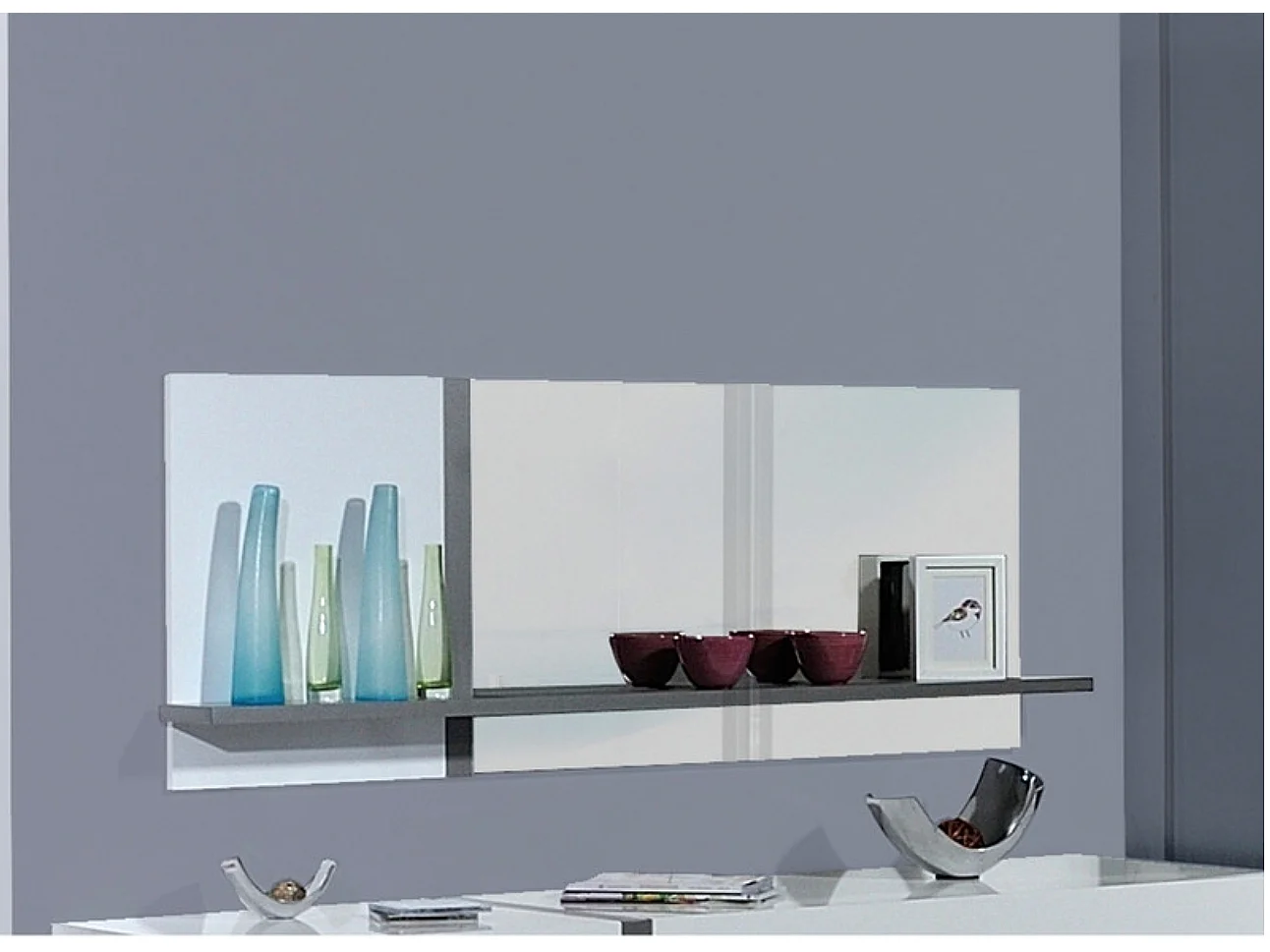 Miroir rectangulaire 1 tablette bois gris et laqué blanc Kartz