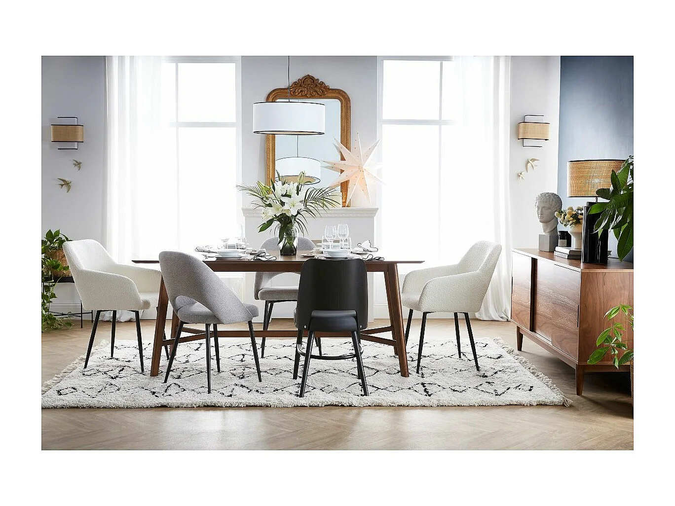 Lámpara de techo de lino blanco y rafia 50 cm de diám. TRAVES