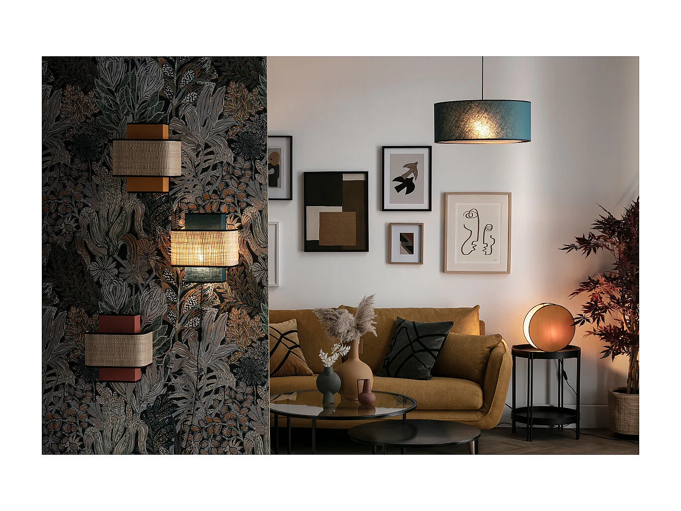 Hängeleuchte aus senfgelbem Leinen und Bast D 50 cm TRAVES