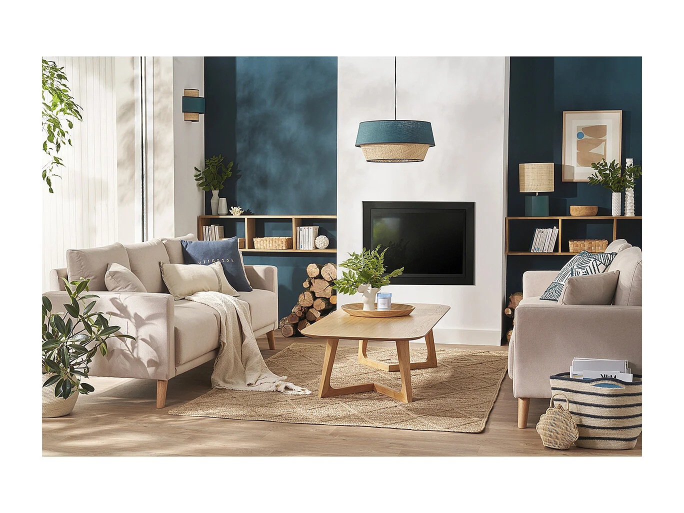 Lampada a sospensione design bi-materiale in lino blu e fibra di rafia naturale D45 cm SENSA