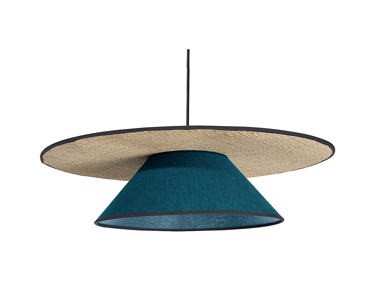 Suspension en lin bleu paon et rabane naturelle D55 cm AZAMI