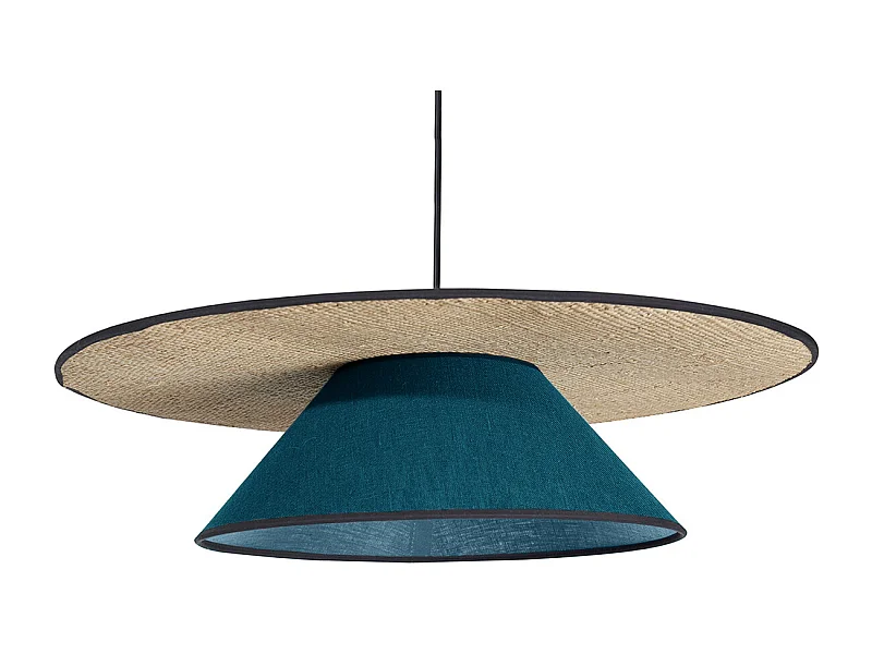 Hängeleuchte aus pfauenblauem Leinen und Bast D50 cm AZAMI