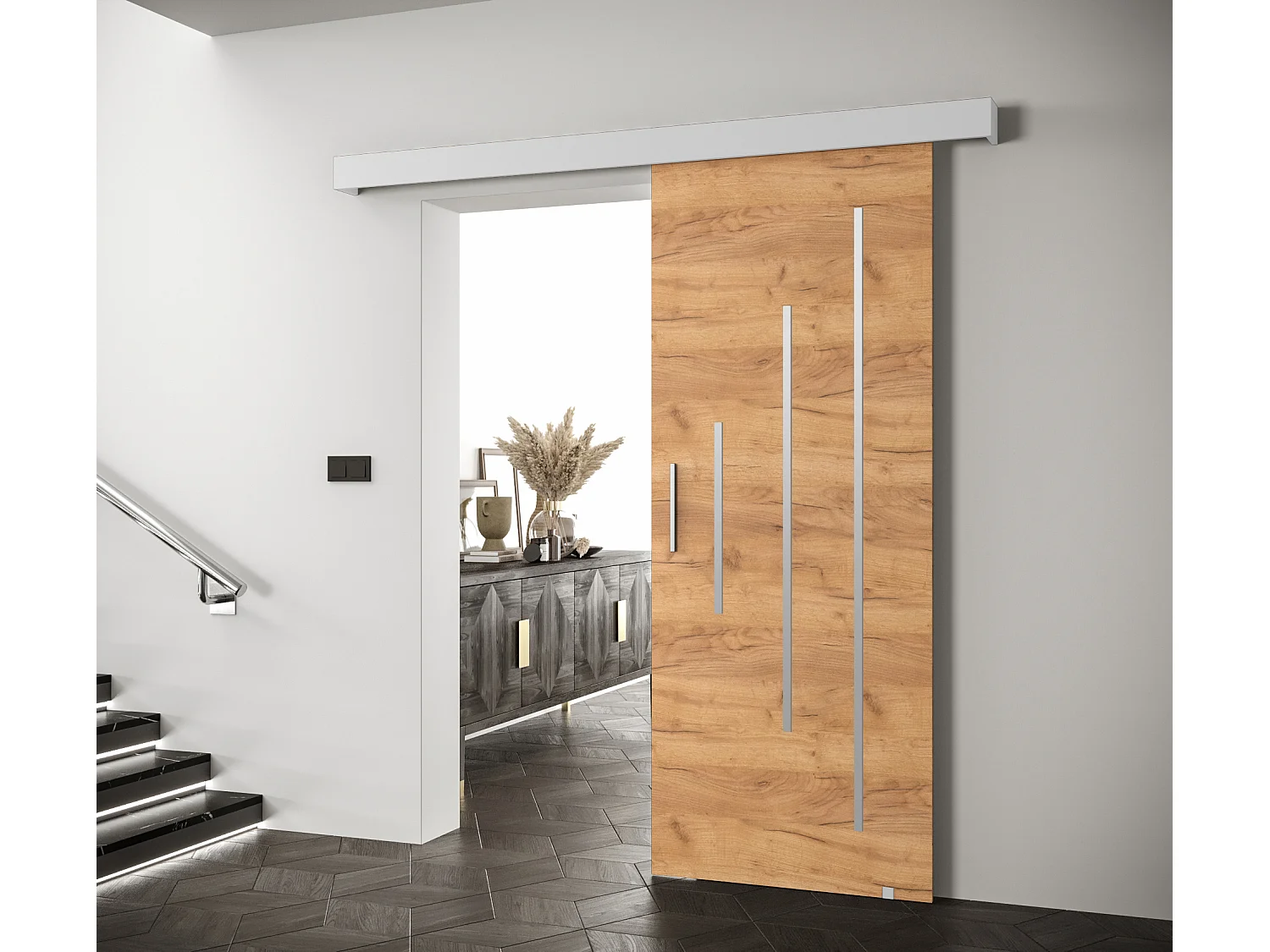 Portes coulissantes Salwador Y 70x204 cm (Chêne Craft / Blanc / Argent)