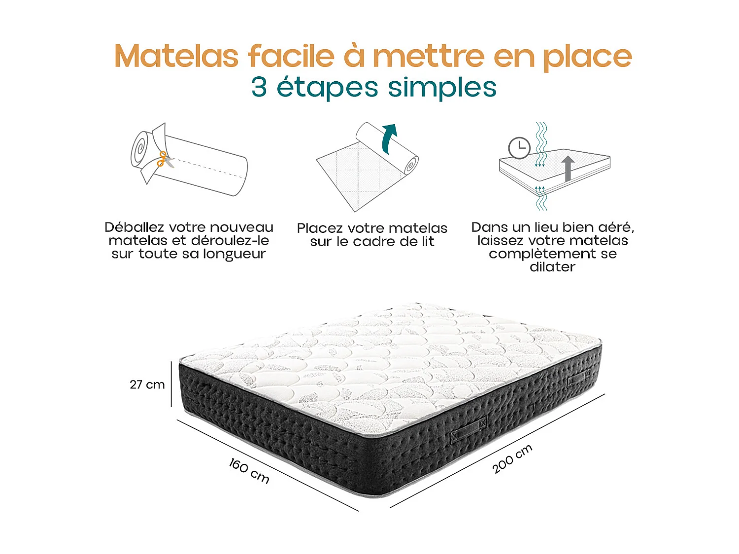 Matelas à ressorts ensachés MIERA , Queen Size, 160x200 cm, en mousse haute densité, Soutien très ferme, face été/hiver, épaisseur 27 cm