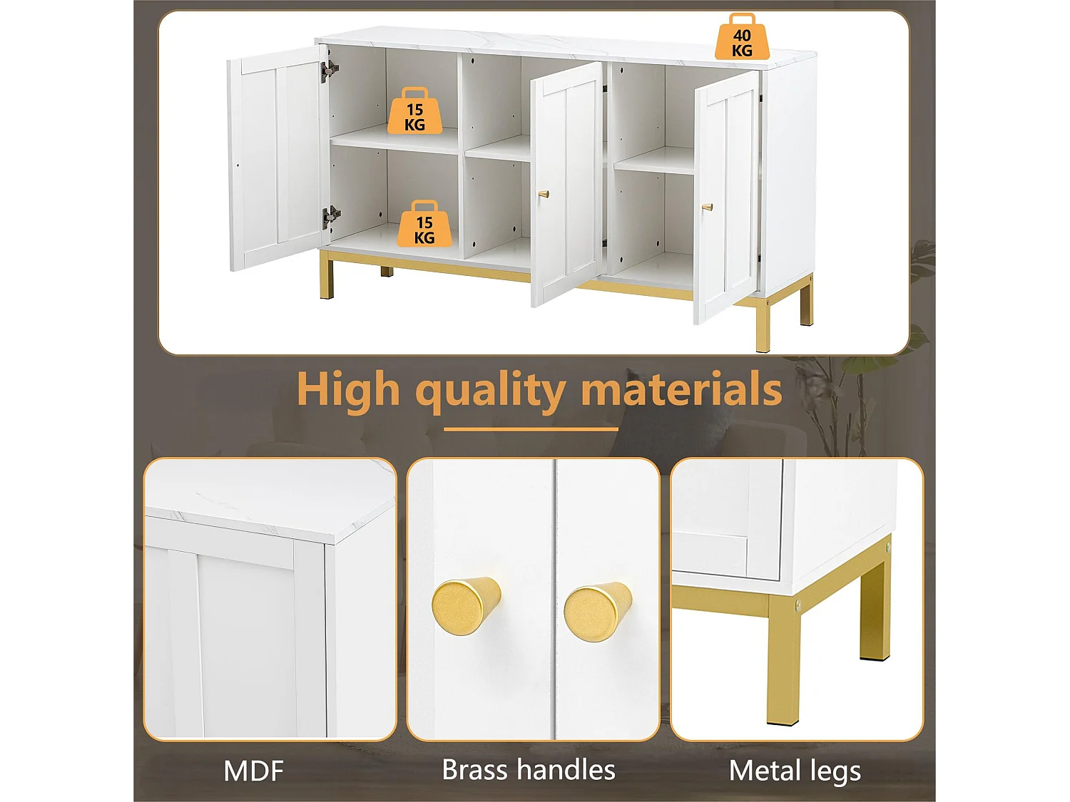 Buffet 3 portes et étagères réglables - MDF & panneaux de particules - Blanc