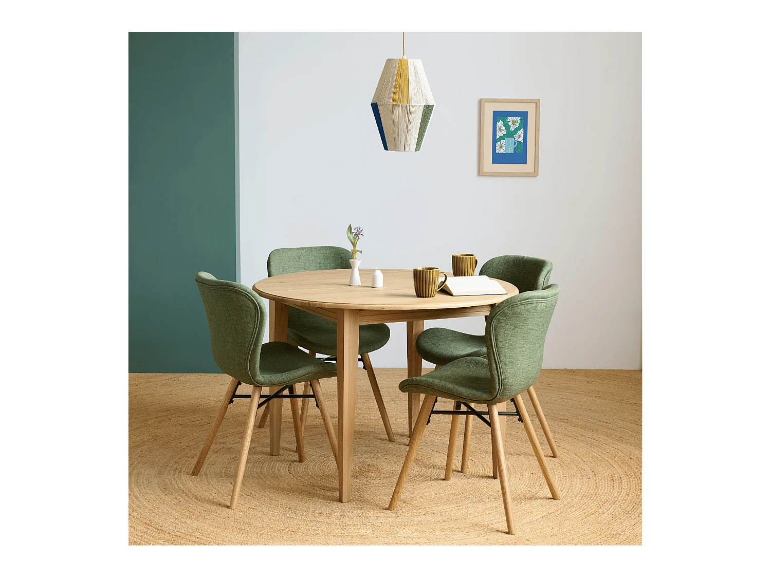 Table ronde extensible pieds fuseau D105 + 4 chaises tissu - VICTORIA