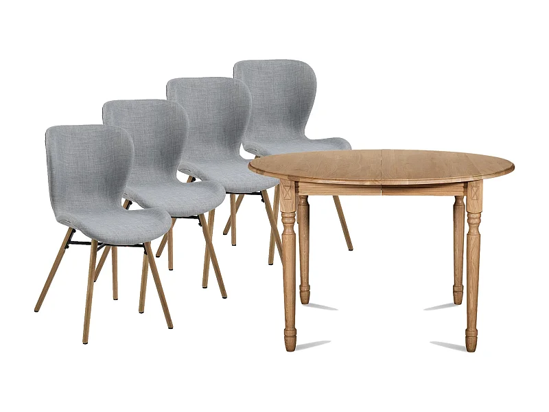 Table ronde extensible pieds tournés D105 + 4 chaises tissu - VICTORIA