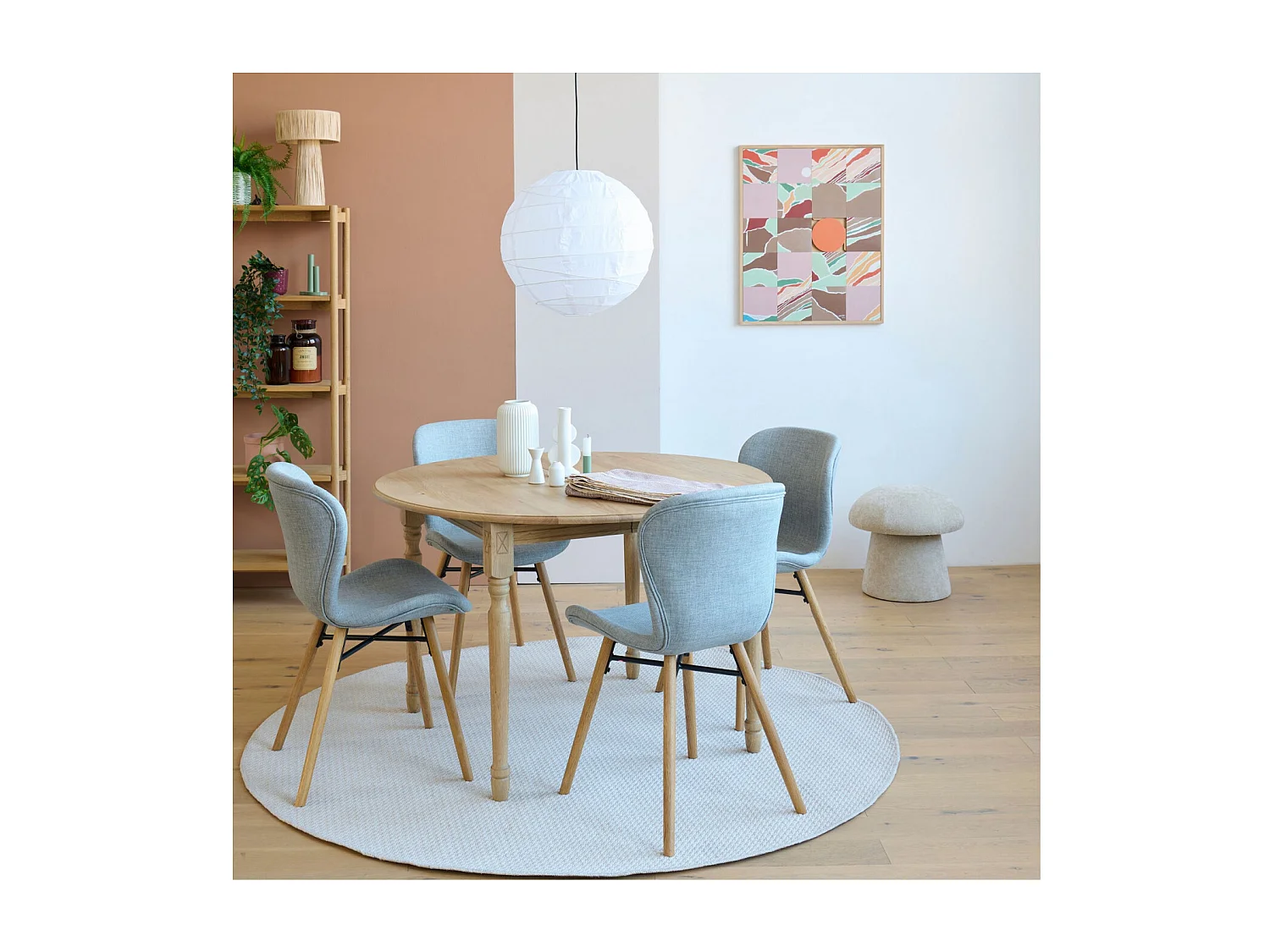 Table ronde extensible pieds tournés D105 + 4 chaises tissu - VICTORIA