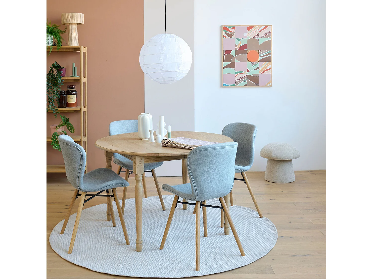 Table ronde extensible pieds tournés D105 + 4 chaises tissu - VICTORIA