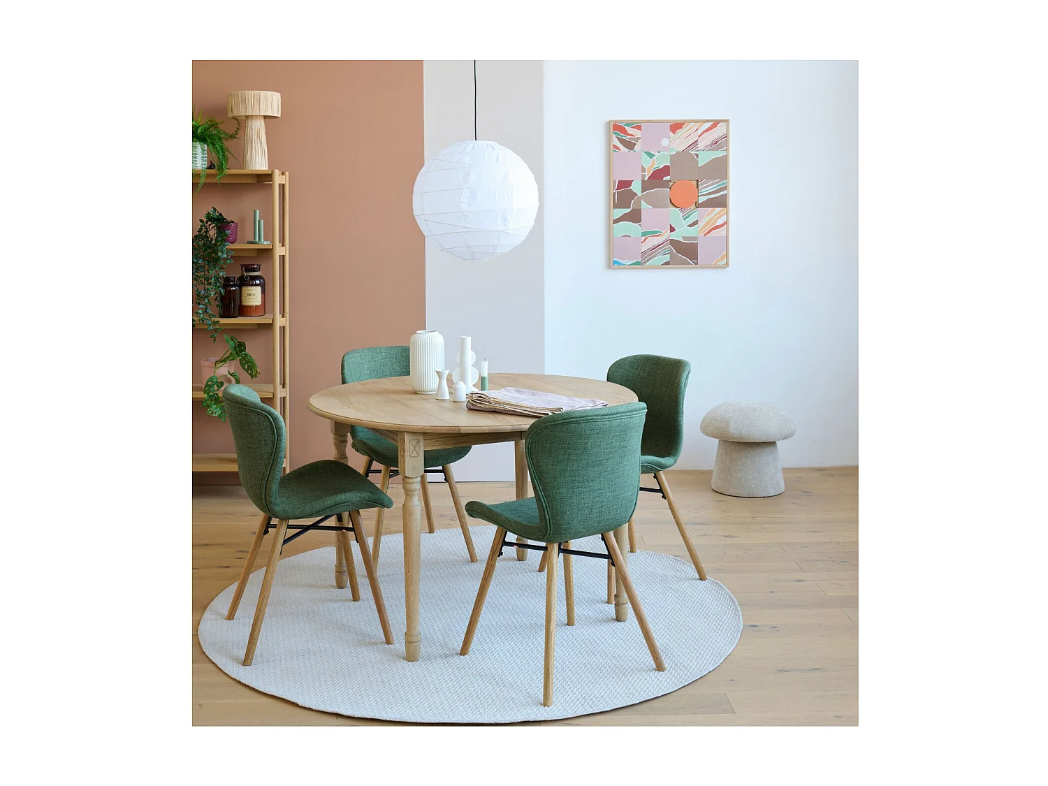 Table ronde extensible pieds tournés D105 + 4 chaises tissu - VICTORIA