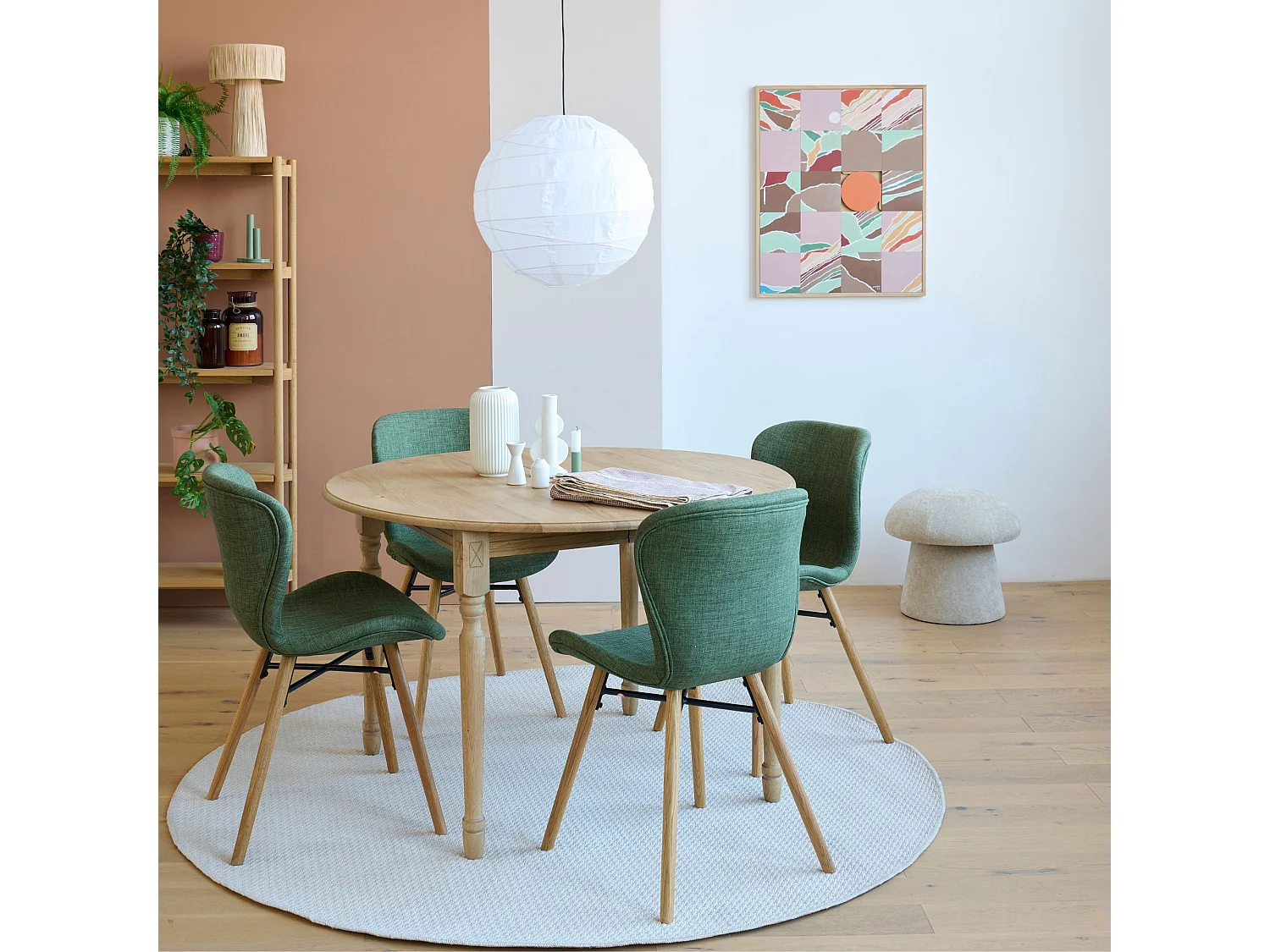 Table ronde extensible pieds tournés D105 + 4 chaises tissu - VICTORIA