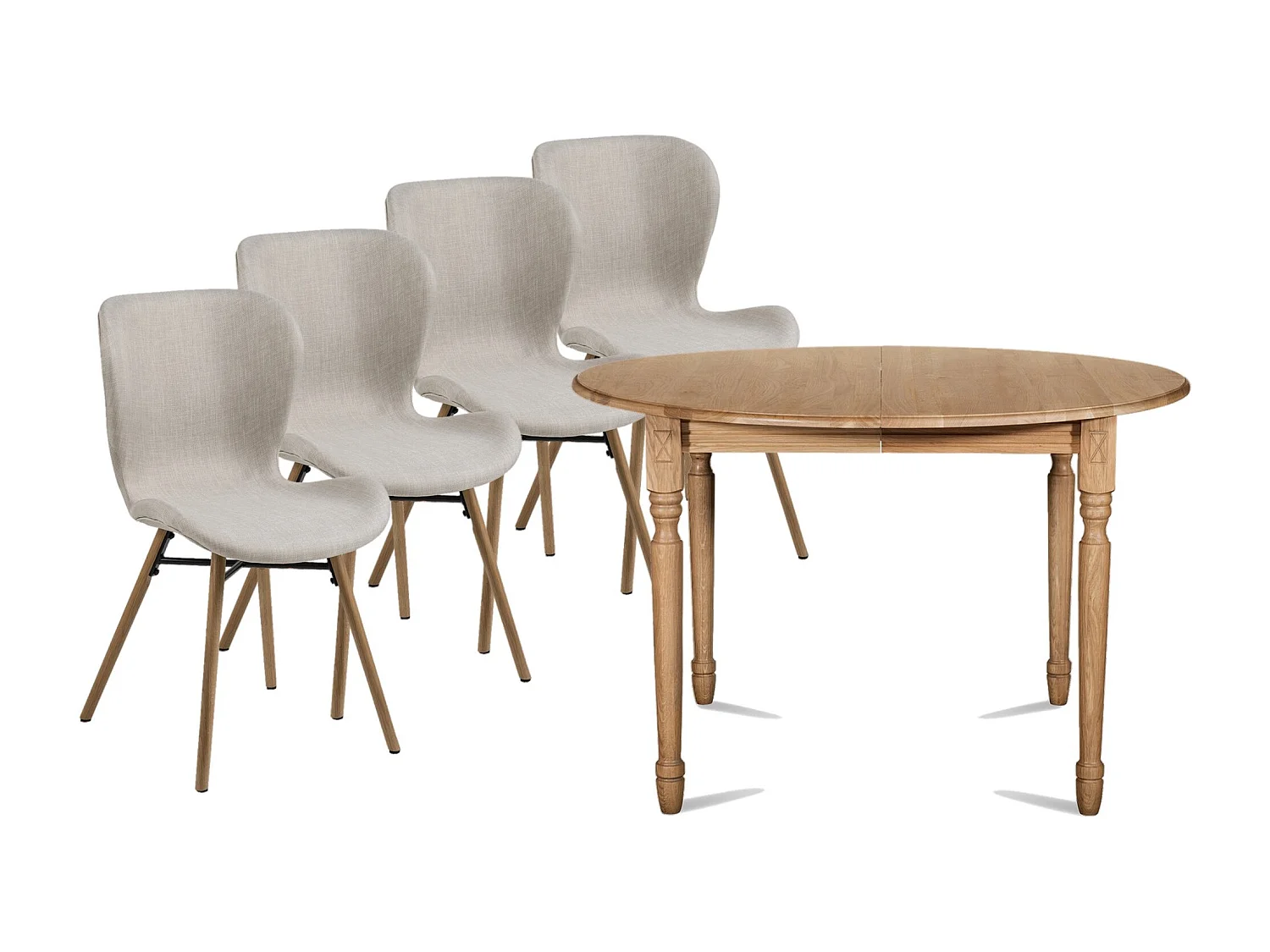 Table ronde extensible pieds tournés D105 + 4 chaises tissu - VICTORIA