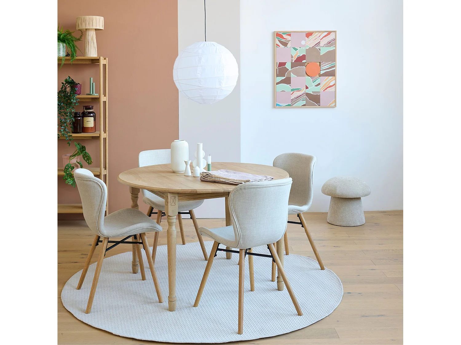 Table ronde extensible pieds tournés D105 + 4 chaises tissu - VICTORIA