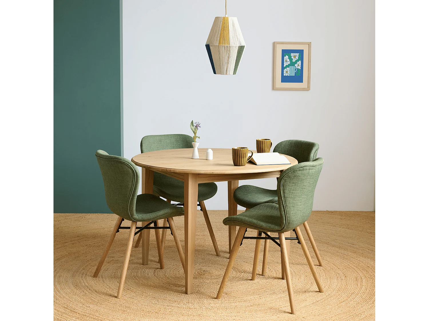 Table ronde extensible pieds fuseau D115 + 4 chaises tissu - VICTORIA