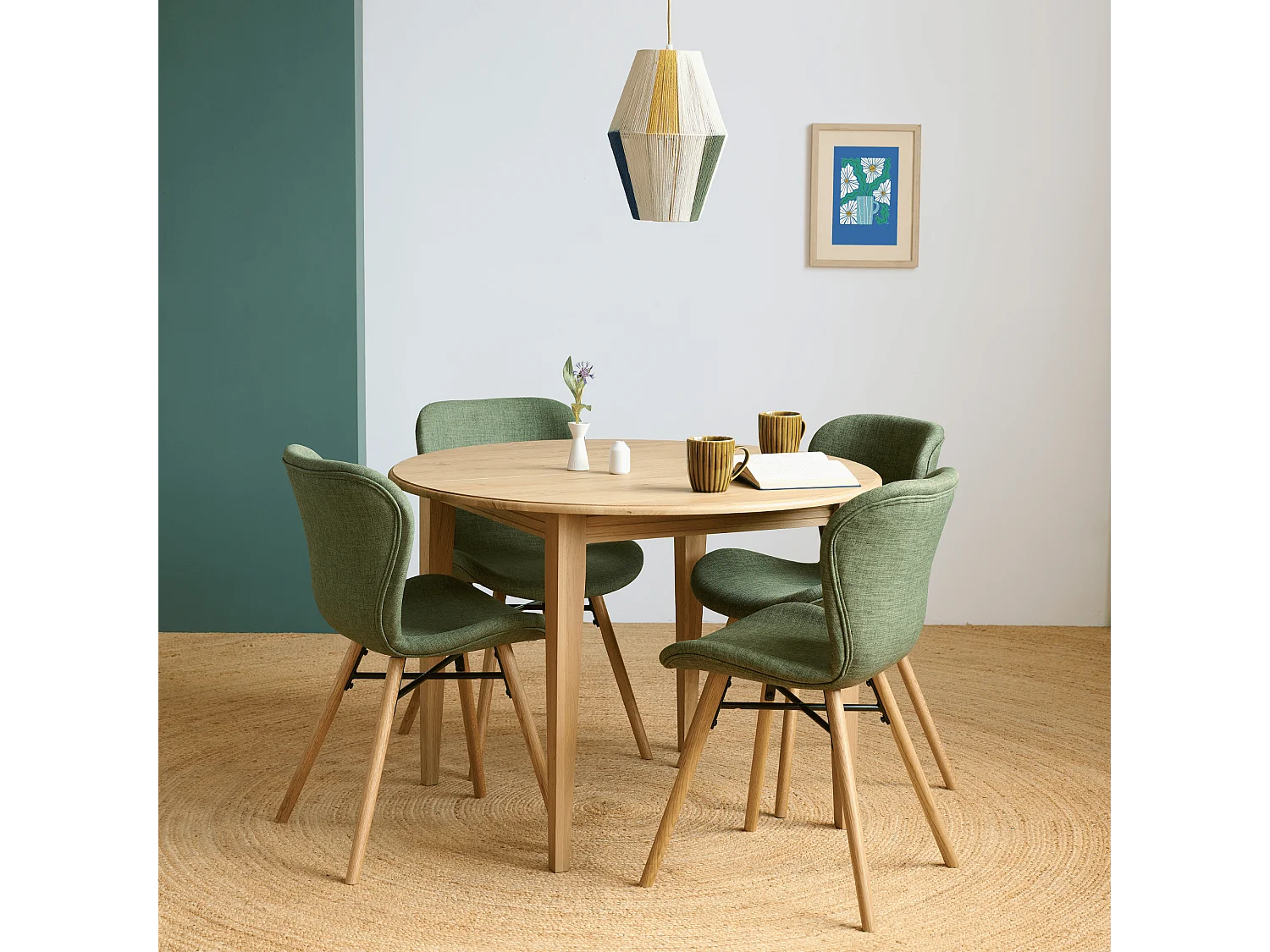 Table ronde extensible pieds fuseau D115 + 4 chaises tissu - VICTORIA