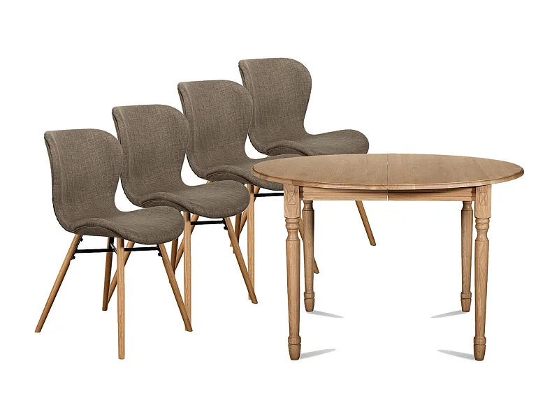 Table ronde extensible pieds tournés D105 + 4 chaises tissu - VICTORIA
