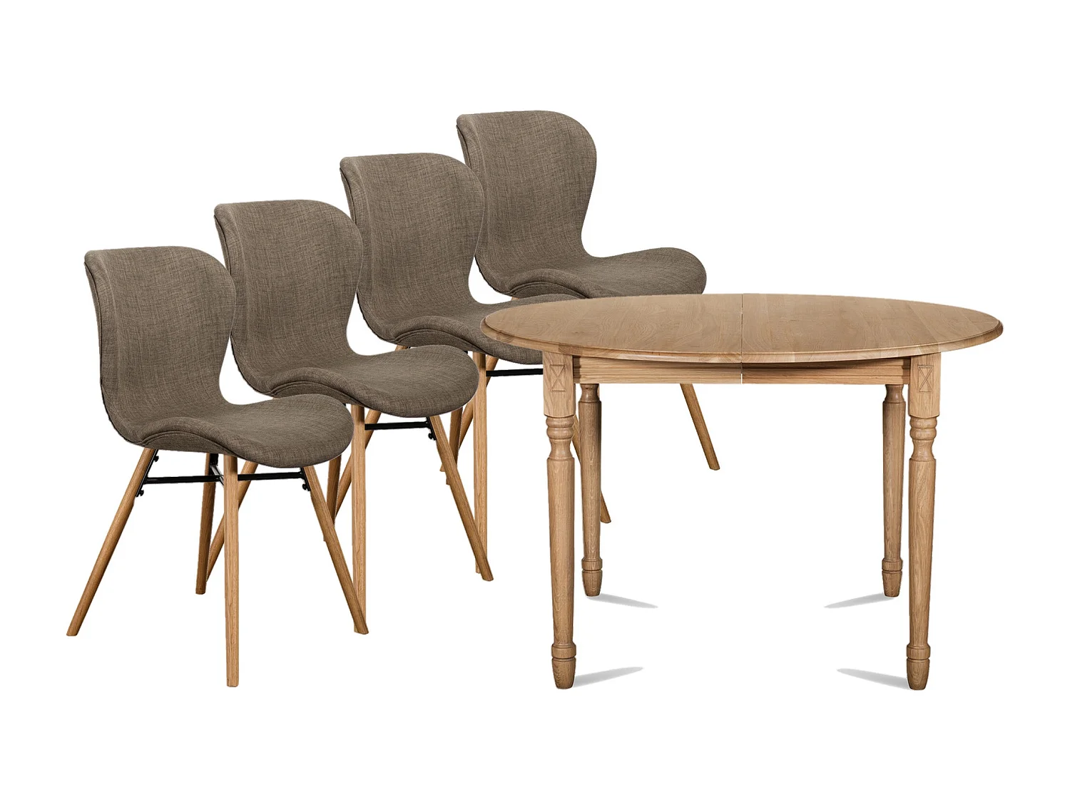 Table ronde extensible pieds tournés D105 + 4 chaises tissu - VICTORIA