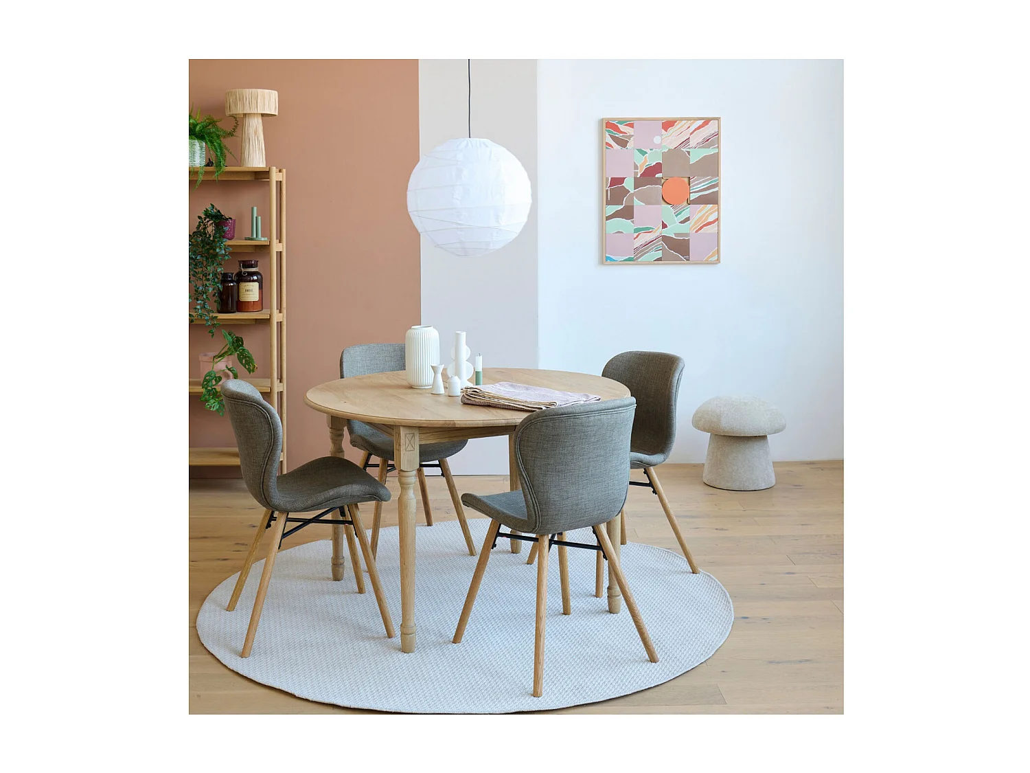 Table ronde extensible pieds tournés D105 + 4 chaises tissu - VICTORIA