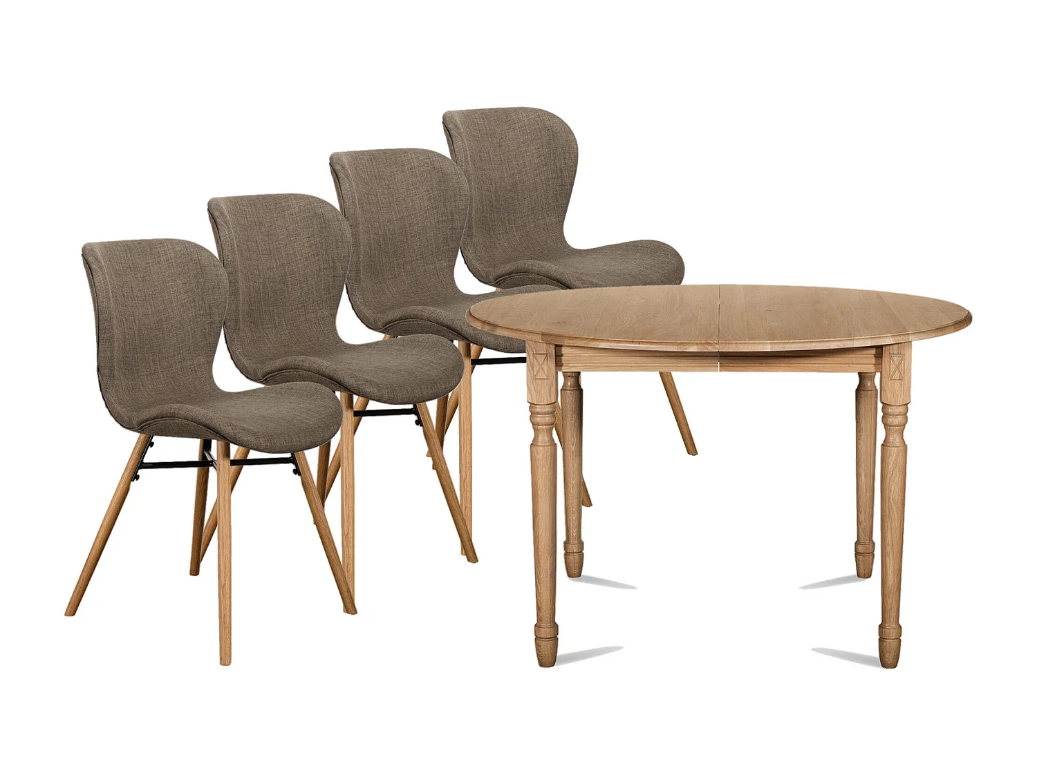 Table ronde extensible pieds tournés D105 + 4 chaises tissu - VICTORIA