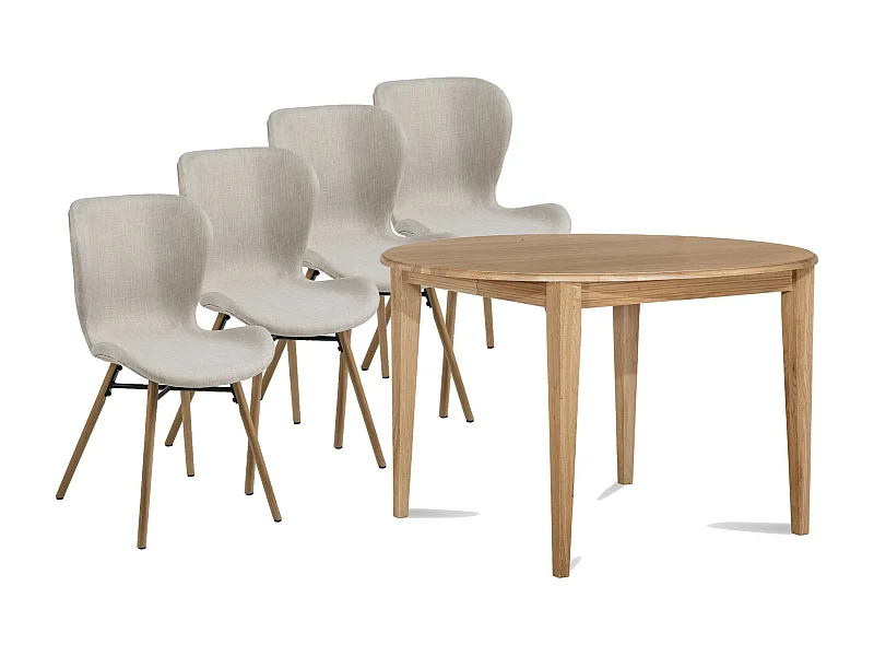 Table ronde extensible pieds fuseau D115 + 4 chaises tissu - VICTORIA