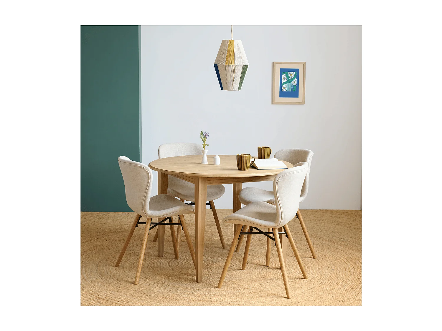 Table ronde extensible pieds fuseau D115 + 4 chaises tissu - VICTORIA