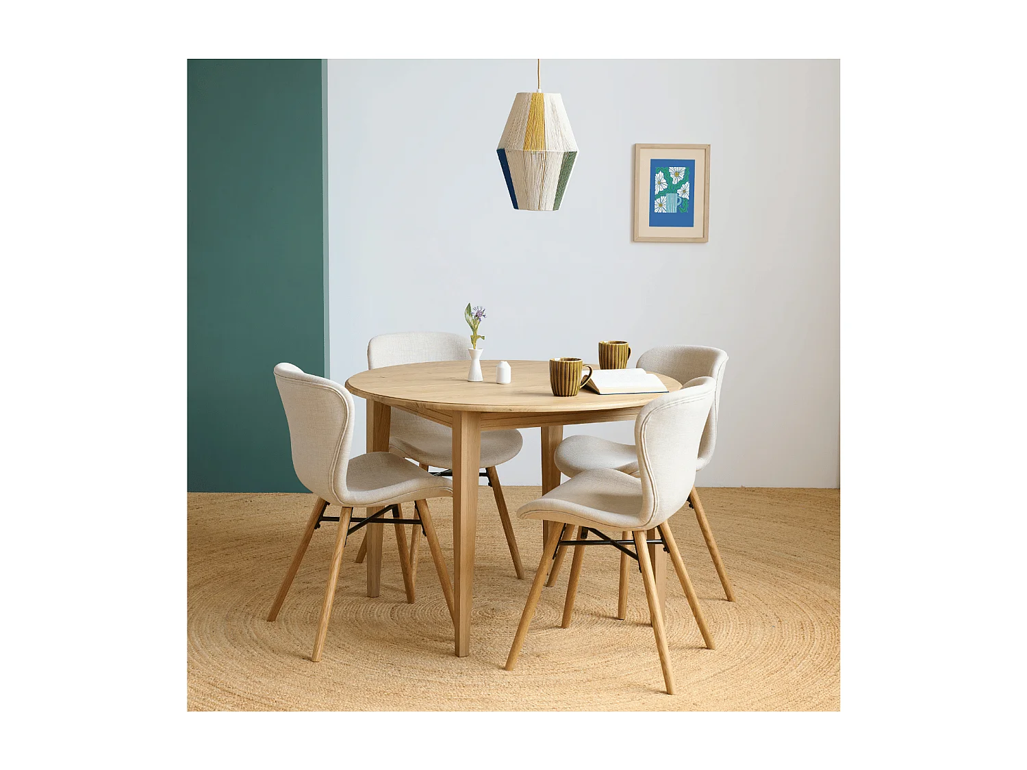 Table ronde extensible pieds fuseau D115 + 4 chaises tissu - VICTORIA