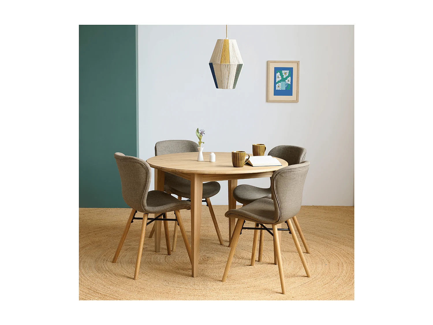 Table ronde extensible pieds fuseau D115 + 4 chaises tissu - VICTORIA