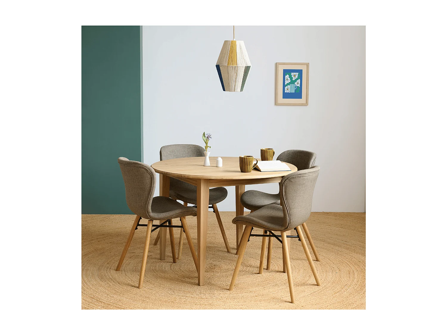 Table ronde extensible pieds fuseau D115 + 4 chaises tissu - VICTORIA