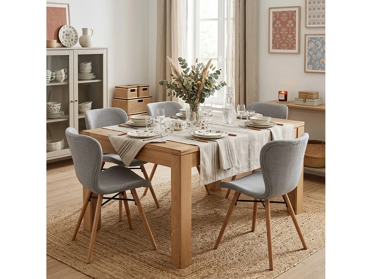 Table rectangulaire à rallonges L160/240  + 4 chaises tissu - BOSTON