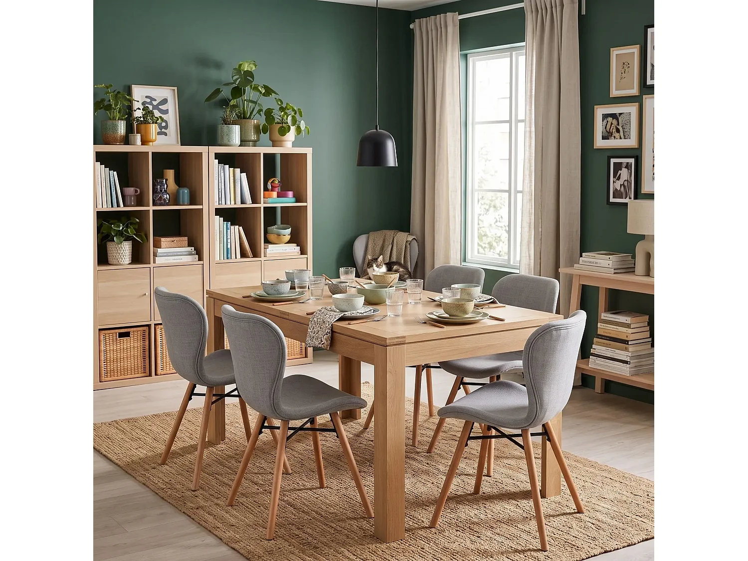 Table rectangulaire à rallonges L160/240  + 4 chaises tissu - BOSTON