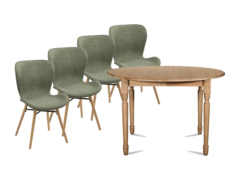 Table ronde extensible pieds tournés D115 + 4 chaises tissu - VICTORIA