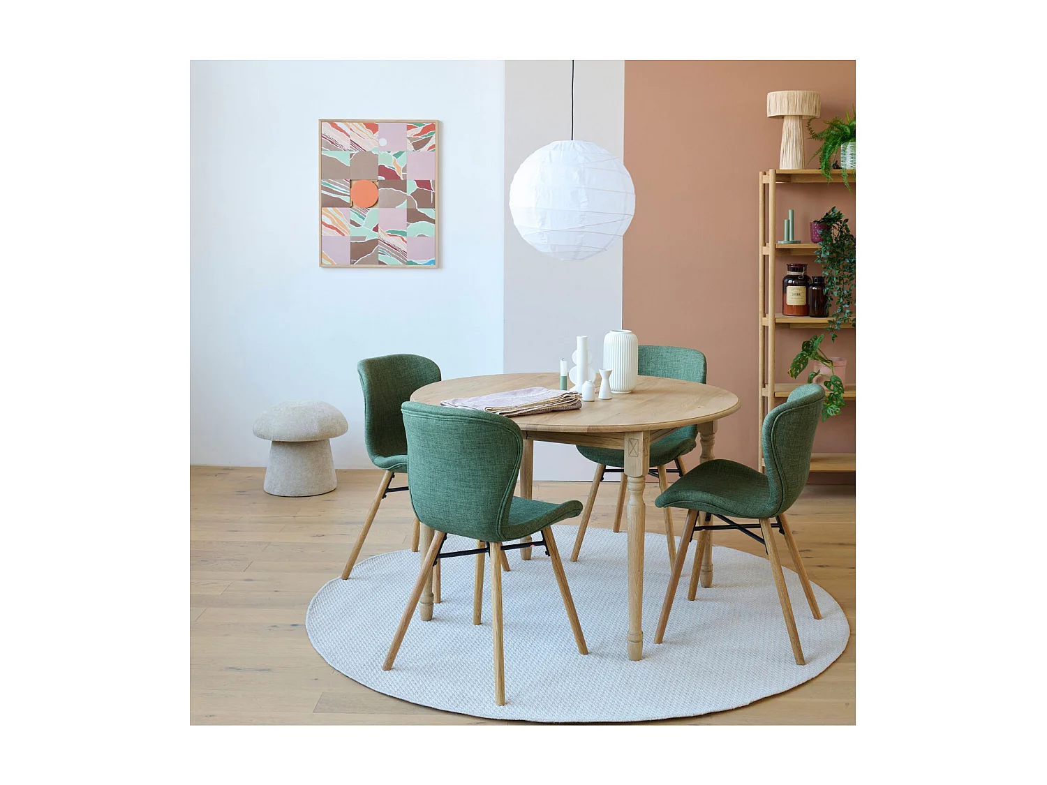 Table ronde extensible pieds tournés D115 + 4 chaises tissu - VICTORIA