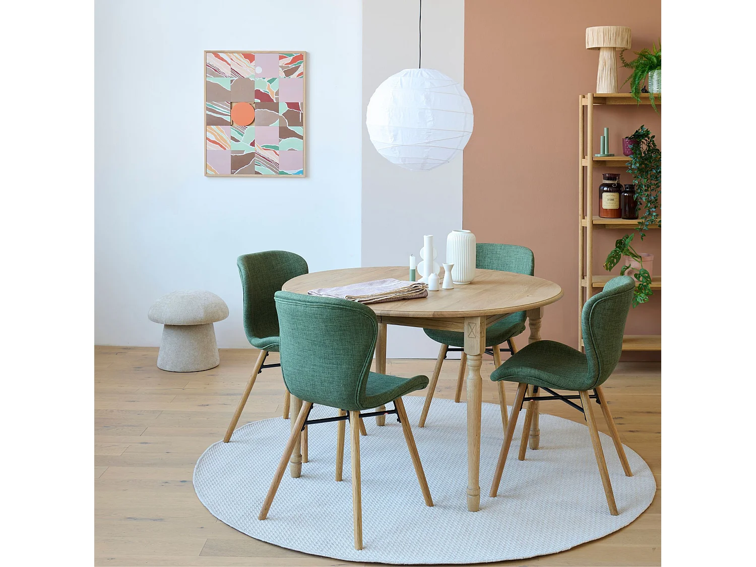 Table ronde extensible pieds tournés D115 + 4 chaises tissu - VICTORIA