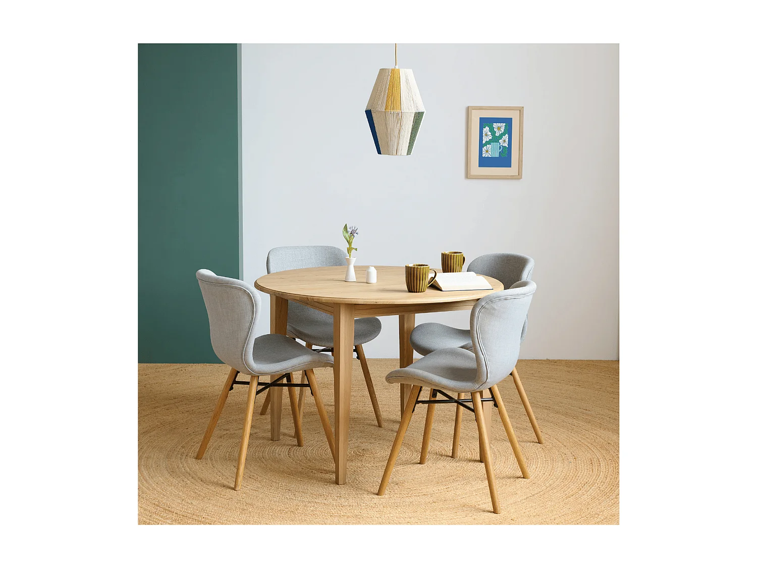 Table ronde extensible pieds fuseau D115 + 4 chaises tissu - VICTORIA